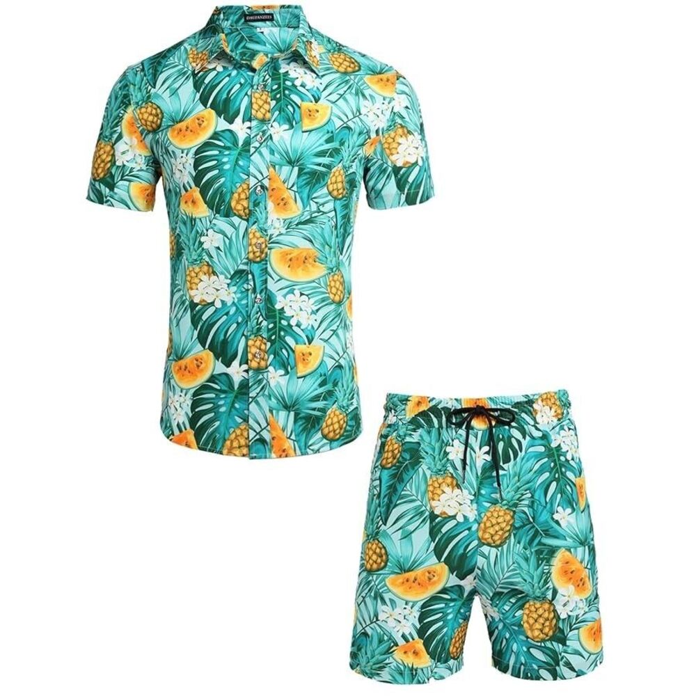 Mens Hawaiian Cabana Set Small 2-Piece Shorts Outfit Button Down Shirt Tropical